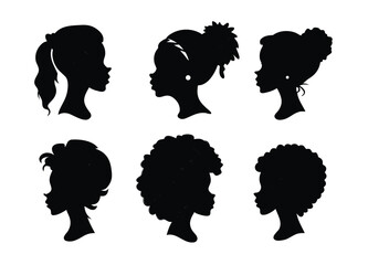 Silhouette afro girl vector set with hairstyle, black woman face on transparent background 