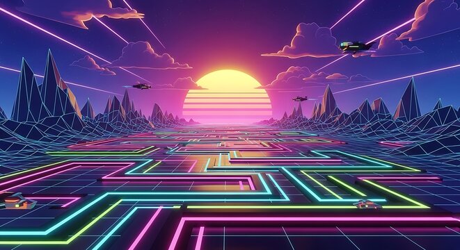 Retro futurism landscape with neon lines and flying vehicles in a synthwave style setting