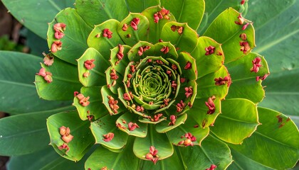 Overhead view of a circular plant with green leaves and red clusters, showing a symmetrical spiral