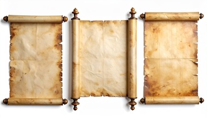 Three aged parchment scrolls unfurled, ready for text, with ornamental wooden handles