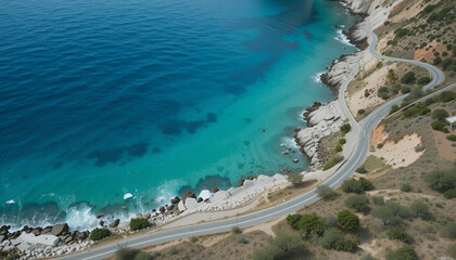 Scenic Coastal Road Winding Along Turquoise Waters and Rocky Shores