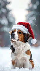 Festive Bernese Mountain Dog with Santa Hat in Snowy Winter Forest