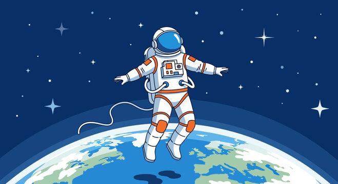 Astronaut in spacesuit floating above Earth in deep space with stars, cosmic exploration and adventure illustration - Powered by Adobe
