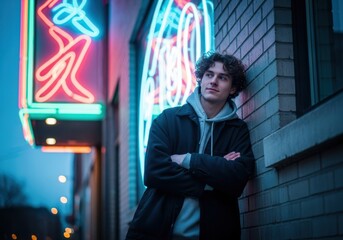 Young man standing near neon signs in an urban alleyway at nighttime