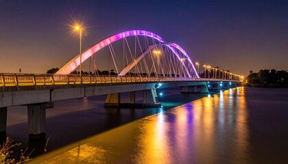 Naklejka premium Illuminated Arch Bridge Over Dark Water Reflecting Lights At Night Time With Street Lamps And City Skyline Silhouette In Background