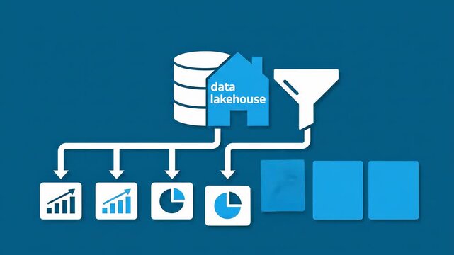 Data Lakehouse Sequence: Database Meets Lake; Schema Tiles Snap; Funnels Stream to Dashboard Glyphs