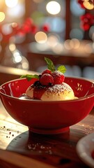 Festive Christmas Cake with Red Ribbon in Red Bowl Glowing Warm Light