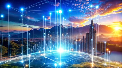 Futuristic urban landscape interconnected by digital networks, glowing city lights and mountains - Powered by Adobe