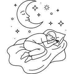 Peaceful slumber illustration of a person sleeping soundly in a cozy bed under a dreamy night sky with a smiling moon and stars