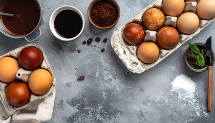 Overhead view of a food spread with carton of eggs, bowls of coffee, spices, herbs, a small knife, and a flour dusting on a textured surface