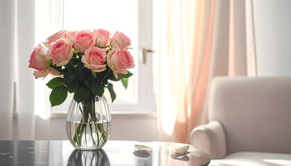 A bouquet of pink roses in a glass vase on a glossy table