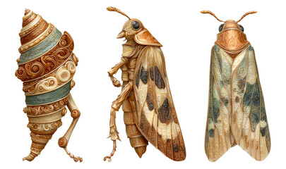 Intricate Isolated Insect Designs with Decorative Elements on White Background