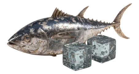 Realistic Fish Model with Ice Cubes on Transparent Background