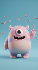 Chubby one-eyed monster waving happily, surrounded by tiny bats in pastel colors