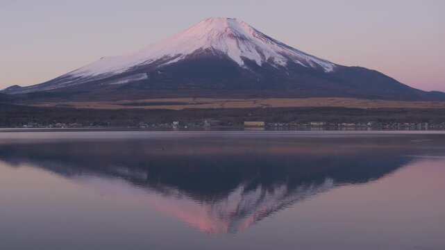 Mount Fuji Tinged Pink Reflected in Lake at Sunrise (ZOOM IN)