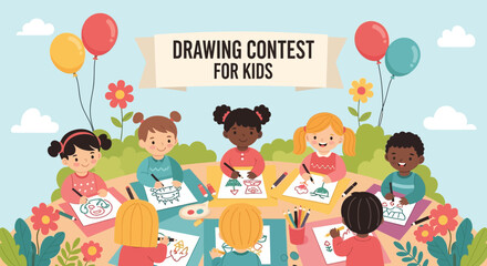 Children participating in a fun drawing contest outdoors with colorful balloons.
