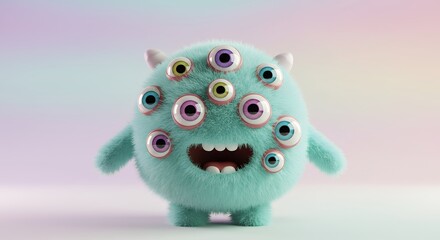Monster with multiple eyes, all blinking cheerfully, pastel rainbow background
