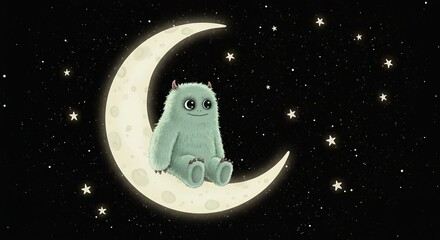 Soft fuzzy monster sitting on a crescent moon, stars twinkling around