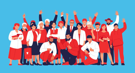 Happy Diverse Crowd Cheering with Raised Hands & Thumbs Up. Unity, Teamwork, and Success. Flat Vector Illustration.