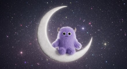 Soft fuzzy monster sitting on a crescent moon, stars twinkling around