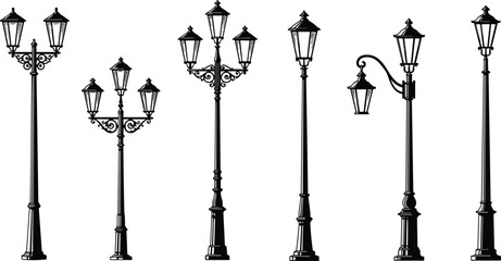 Set of vintage street lamps, black decorative lanterns, classic outdoor light poles, retro urban night lighting, elegant antique lamp post illustrationSet of vintage street lamps, black 