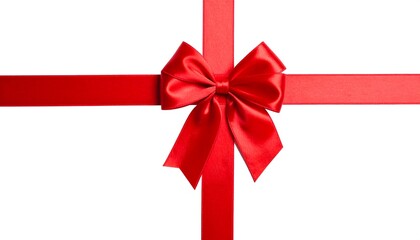 Overhead view of a pristine, red satin ribbon forming a perfect bow at the intersection of cross-laid, smooth ribbons