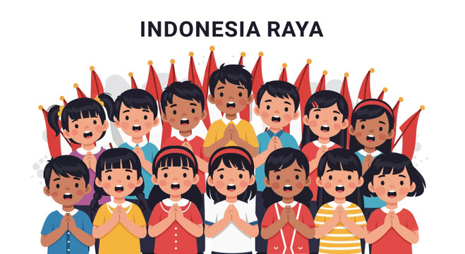 Vector illustration of diverse Indonesian children celebrating national day with flags, unity and patriotism