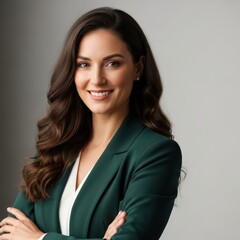Professional woman in green blazer confident portrait with arms crossed smiling warmly