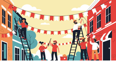 Diverse community decorating urban street with festive bunting. Neighbors preparing for local celebration or festival event.