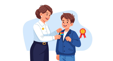 Teacher pinning achievement badge on happy student boy, celebrating success and recognition with award