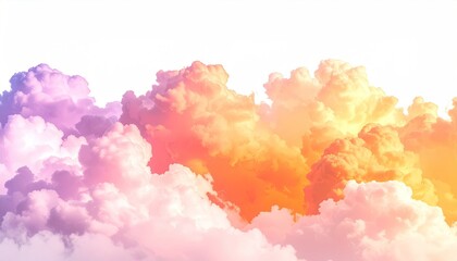 Fluffy, vibrant cloudscape in hues of pink, orange, and purple against white