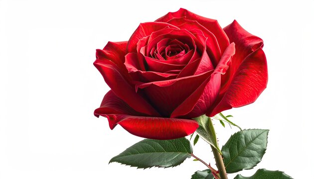 Vivid close-up of a blooming red flower with green stem and leaves against white - Powered by Adobe