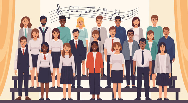 Diverse Choir Performance with Musical Notes Illustration