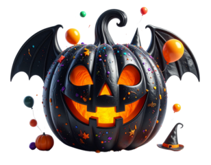 Cute Spooky Black Pumpkin with Bat Wings Halloween Decor PNG