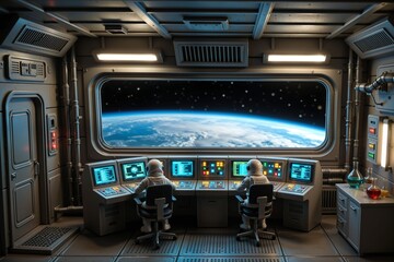 Astronauts Working in High-Tech Space Station Command Center