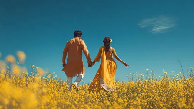 Indian man and woman lovers couple walking on a flower field