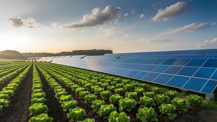 Solar panels installed beside green agricultural field under blue sky
