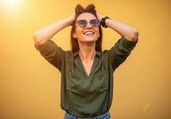 Joyful woman in sunglasses laughing outdoors with hands in hair against warm yellow textured wall