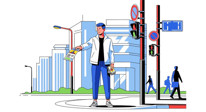 Young man distributing flyers on a busy city street corner. Urban marketing and direct promotion illustration.