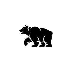 Grizzly bear silhouette, walking stance, strong wildlife icon, outdoor adventure brand, rugged nature emblem, bold vector illustration