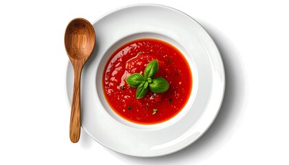 Overhead view of a white bowl filled with vibrant red soup, garnished with fresh basil leaves. A wooden spoon rests beside it