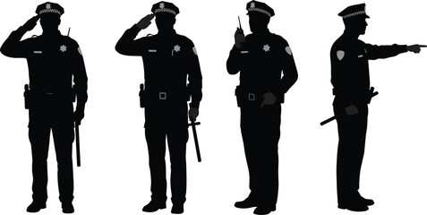 "Vector silhouettes of police officers in uniform saluting, pointing, and using radio communication, law enforcement illustration for training design"