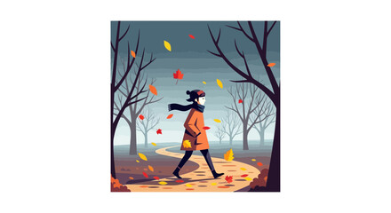 Naklejka premium Autumn walk in park: Person strolling on a winding path amidst falling colorful leaves and bare trees. Seasonal illustration.