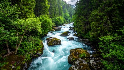 Turbulent river flows through verdant forest, carving a path among mossy boulders under overcast sky