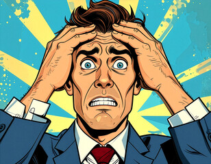 Businessman holding head, sighing, exaggerated comic illustration
