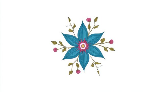 Fototapeta Stylized blue flower with a pink center, surrounded by green leaves and small pink berries, on a clean white background.