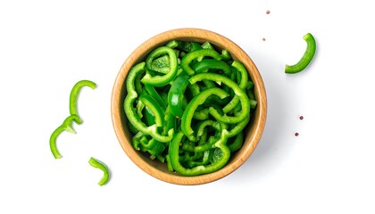 Overhead view of a wooden bowl filled with vibrant, sliced green bell peppers, presented on a clean, bright white background