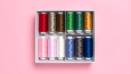Overhead view of a white box holding spools of various colored thread. Presented on a light pink background