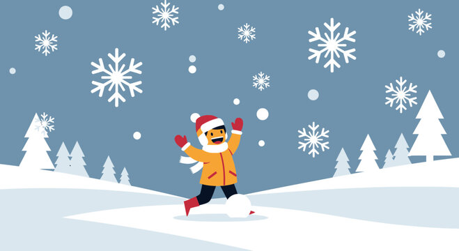 Joyful child playing in a snowy winter landscape with falling snowflakes and happy expression