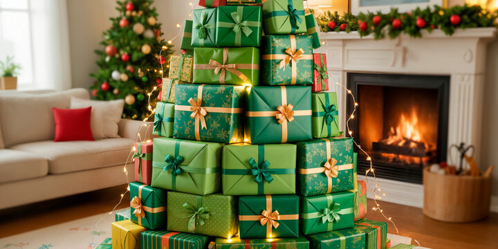 Christmas tree shape made of stacked green presents in a cozy living room - Powered by Adobe